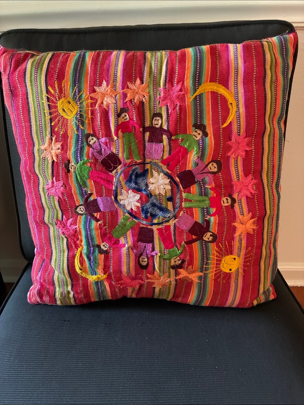 World Peace South American Folk Art Pillow Artisan Embroidery